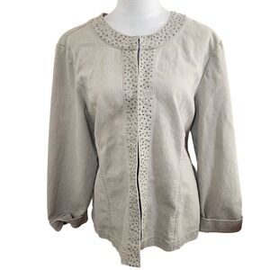 Chico's Additions 3 Tan Denim Studded Collar Open Front Jacket Womens XL Blazer